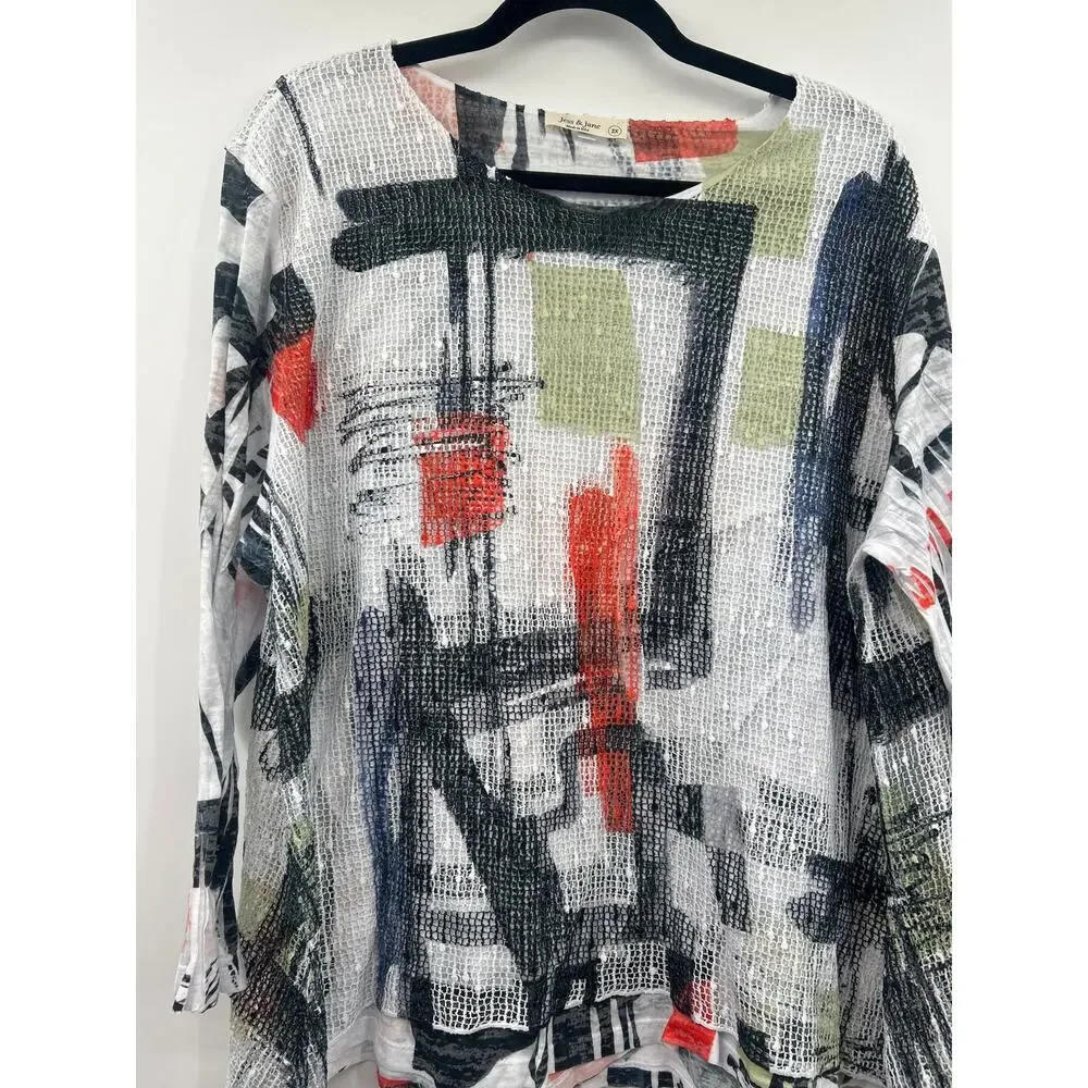 Jess & Jane 2X Abstract Artistic Mesh Tunic Top Made in USA Art Wear